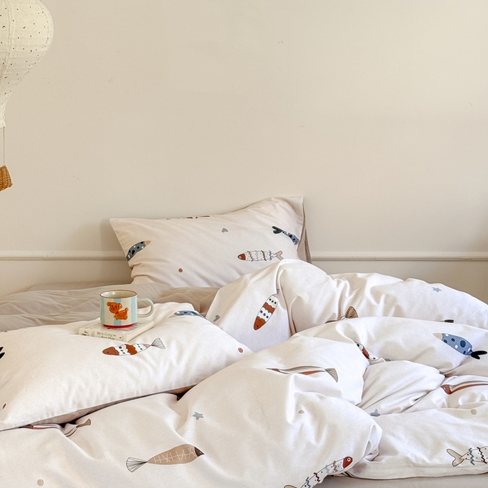 91家纺网 家纺一手货源 找家纺 窝米 2025新款全棉纯棉火山磨毛卡通系列四件套-第二组 渔趣