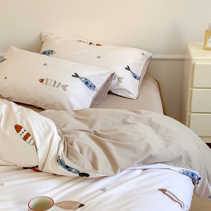 91家纺网 家纺一手货源 找家纺 窝米 2025新款全棉纯棉火山磨毛卡通系列四件套-第二组 渔趣