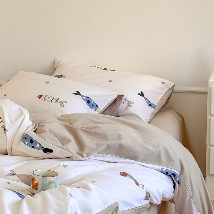 91家纺网 家纺一手货源 找家纺 窝米 2025新款全棉纯棉火山磨毛卡通系列四件套-第二组 渔趣