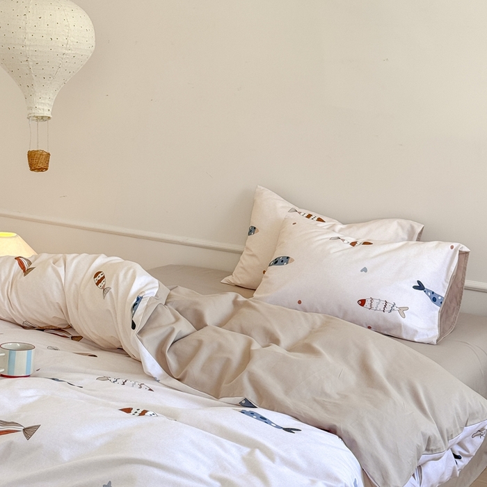 91家纺网 家纺一手货源 找家纺 窝米 2025新款全棉纯棉火山磨毛卡通系列四件套-第二组 渔趣