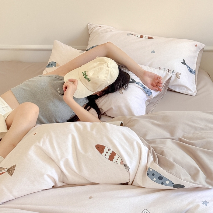 91家纺网 家纺一手货源 找家纺 窝米 2025新款全棉纯棉火山磨毛卡通系列四件套-第二组 渔趣