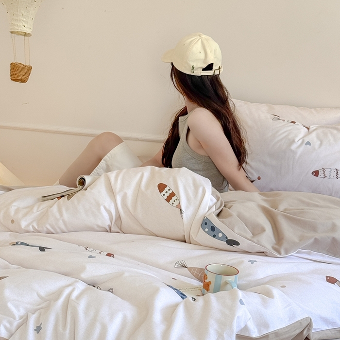 91家纺网 家纺一手货源 找家纺 窝米 2025新款全棉纯棉火山磨毛卡通系列四件套-第二组 渔趣