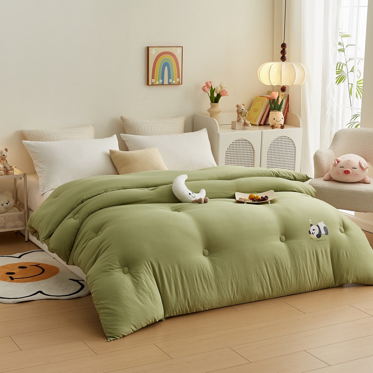91家纺网 家纺一手货源 找家纺 湘之帛 2025新款A类云朵棉超柔抗菌冬被被子被芯 熊猫肚肚被-庆绿
