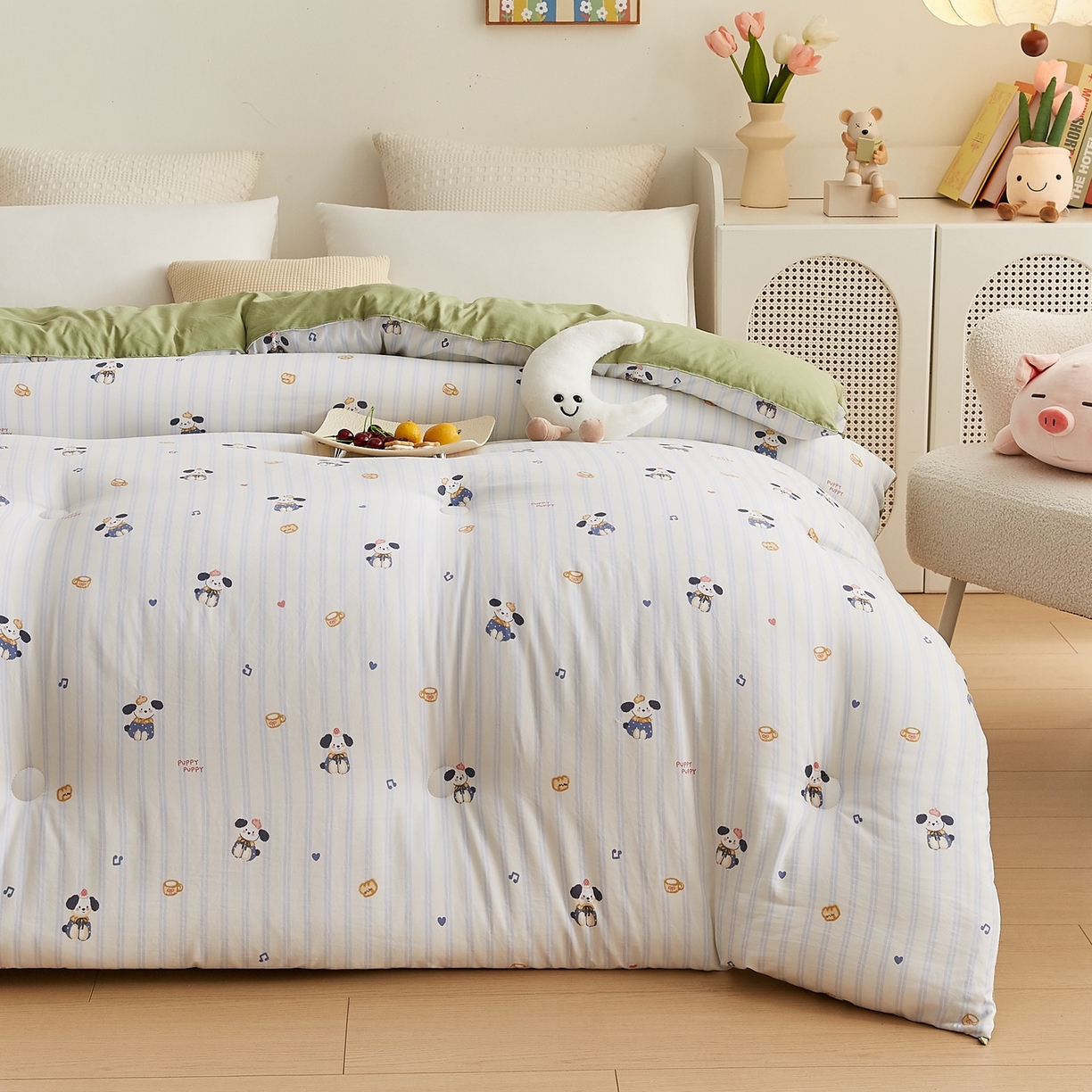 91家纺网 家纺一手货源 找家纺 湘之帛 2025新款A类云朵棉超柔抗菌冬被被子被芯 音符小狗