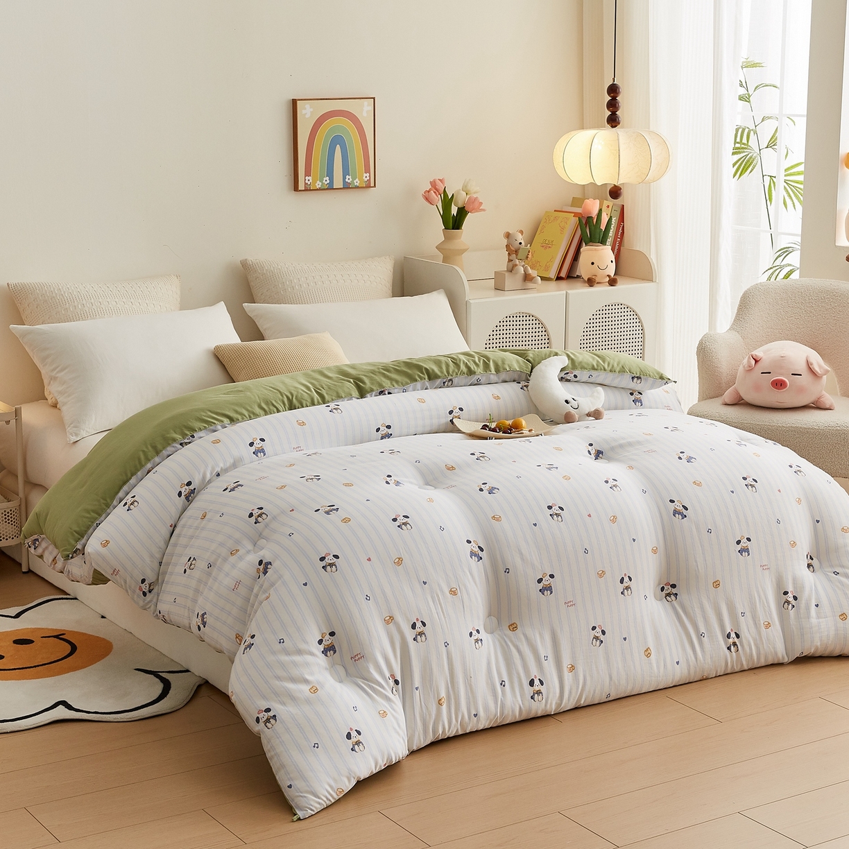 91家纺网 家纺一手货源 找家纺 湘之帛 2025新款A类云朵棉超柔抗菌冬被被子被芯 音符小狗