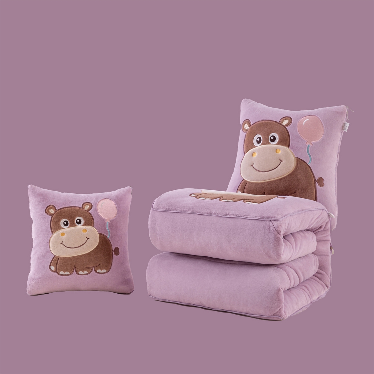 91家纺网 家纺一手货源 找家纺 哩哩熊 2025新款抱枕被子两用加厚牛奶绒二合一汽车载枕头办公室午睡毯子冬天-气球河马 气球河马-香芋紫