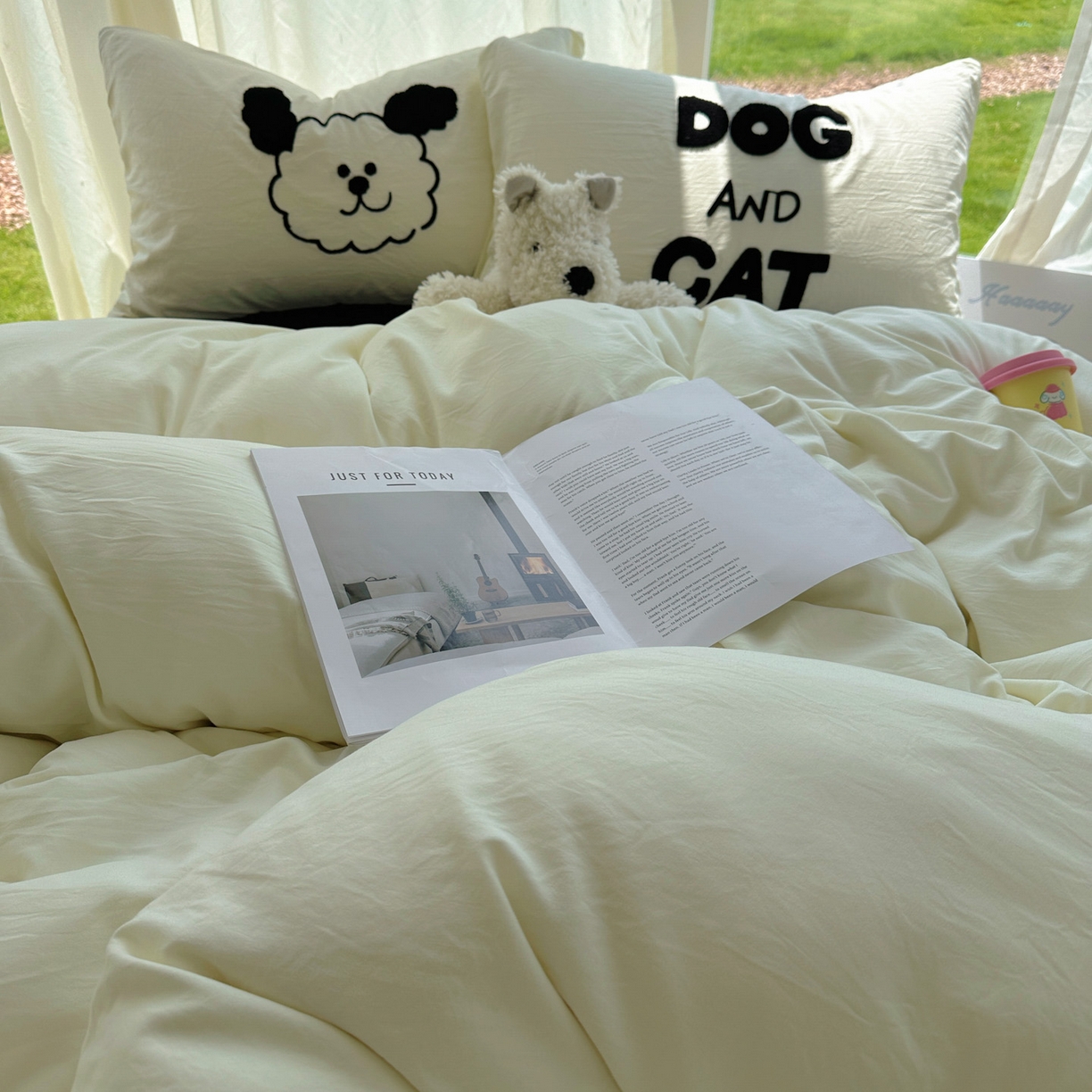 91家纺网 家纺一手货源 找家纺 花伞家居 2025新款毛巾绣水洗棉小红书风四件套（提供买家秀） 猫猫狗狗米黄