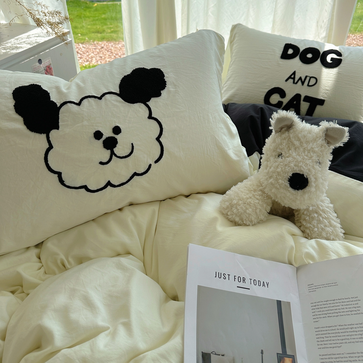 91家纺网 家纺一手货源 找家纺 花伞家居 2025新款毛巾绣水洗棉小红书风四件套（提供买家秀） 猫猫狗狗米黄