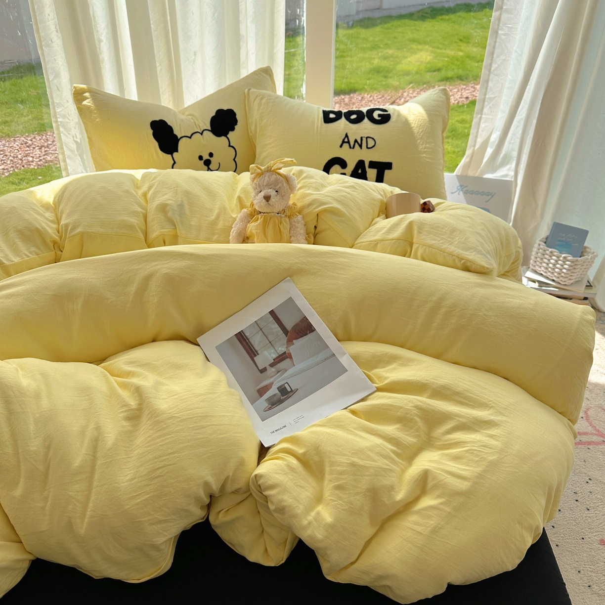 91家纺网 家纺一手货源 找家纺 花伞家居 2025新款毛巾绣水洗棉小红书风四件套（提供买家秀） 猫猫狗狗奶黄