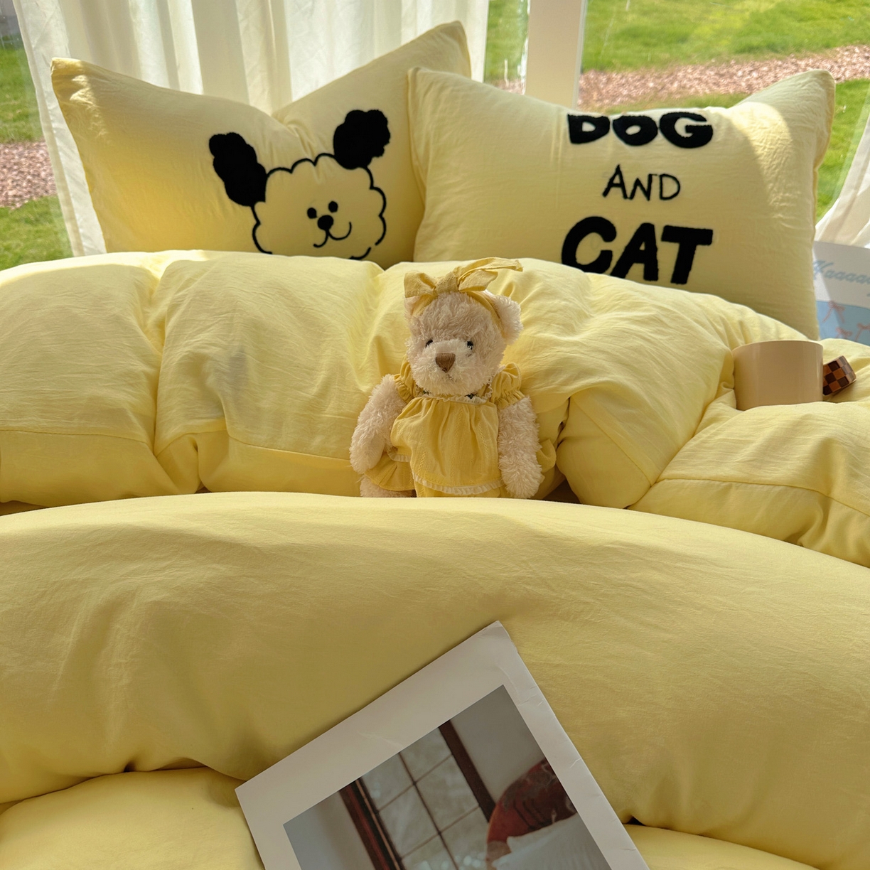 91家纺网 家纺一手货源 找家纺 花伞家居 2025新款毛巾绣水洗棉小红书风四件套（提供买家秀） 猫猫狗狗奶黄