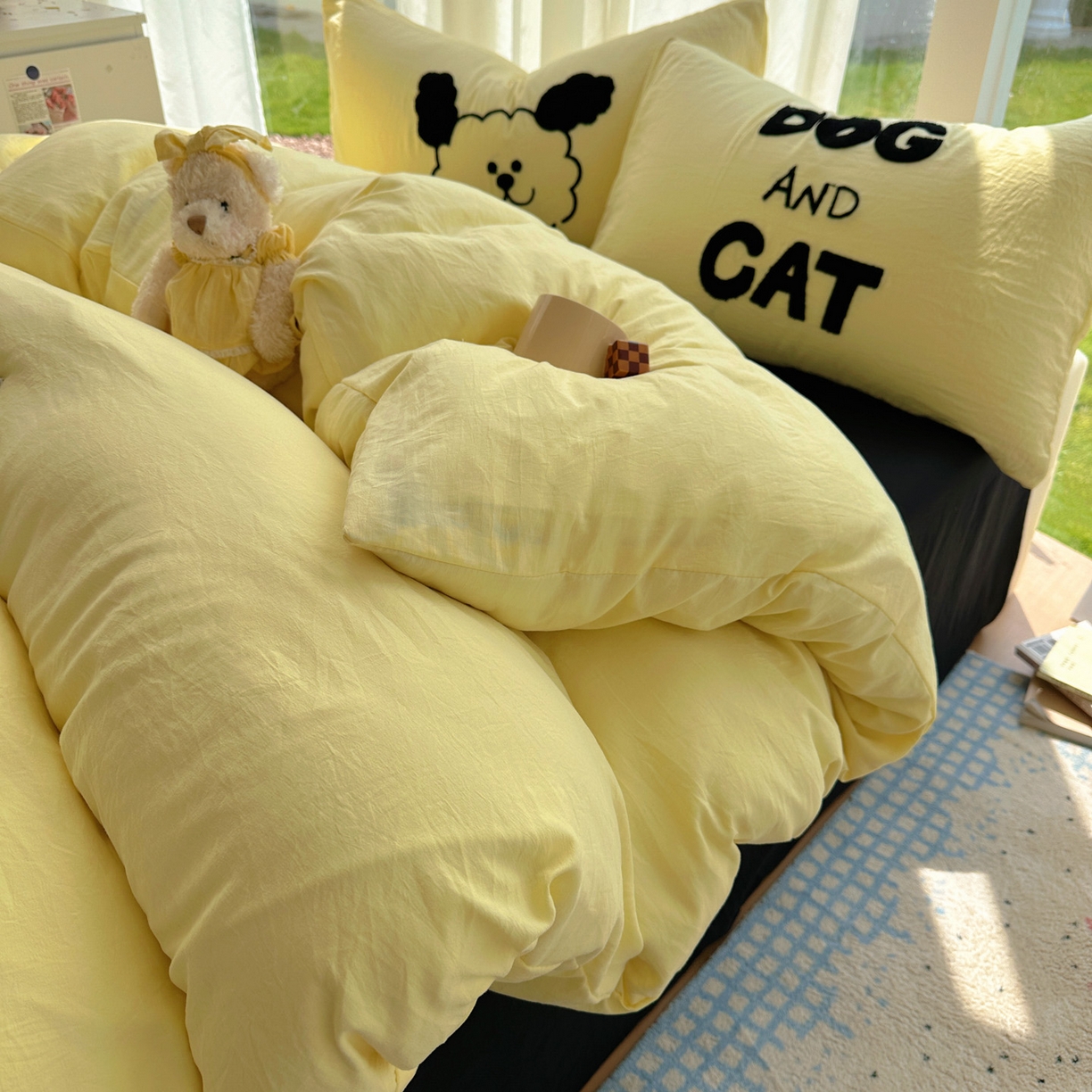 91家纺网 家纺一手货源 找家纺 花伞家居 2025新款毛巾绣水洗棉小红书风四件套（提供买家秀） 猫猫狗狗奶黄