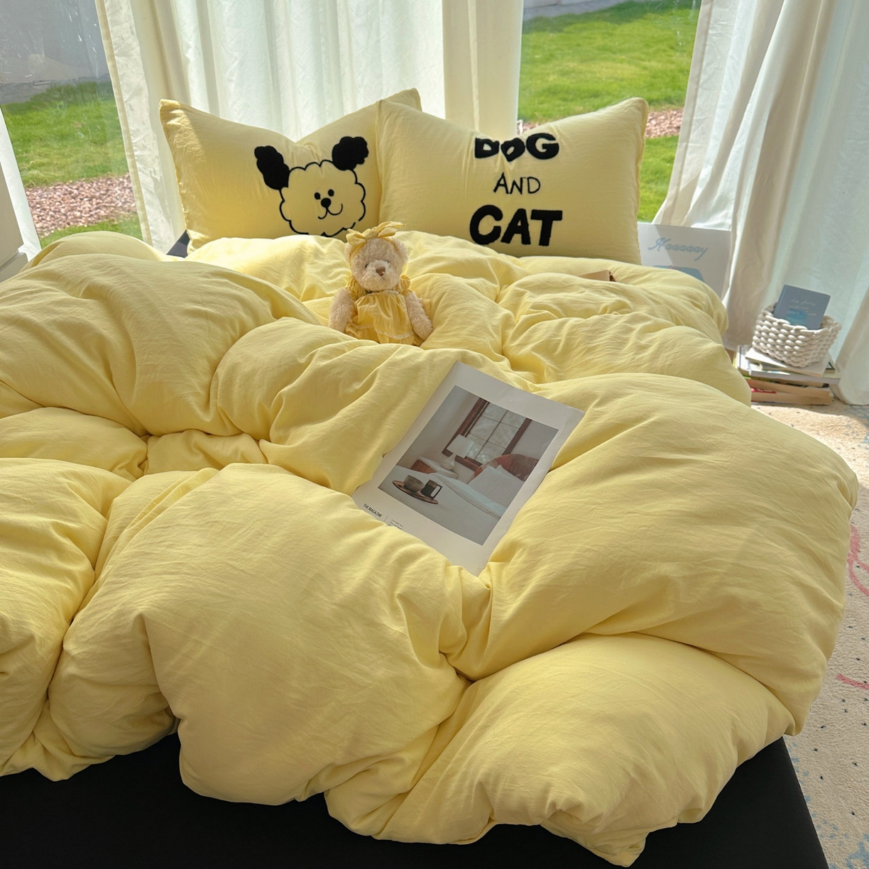 91家纺网 家纺一手货源 找家纺 花伞家居 2025新款毛巾绣水洗棉小红书风四件套（提供买家秀） 猫猫狗狗奶黄