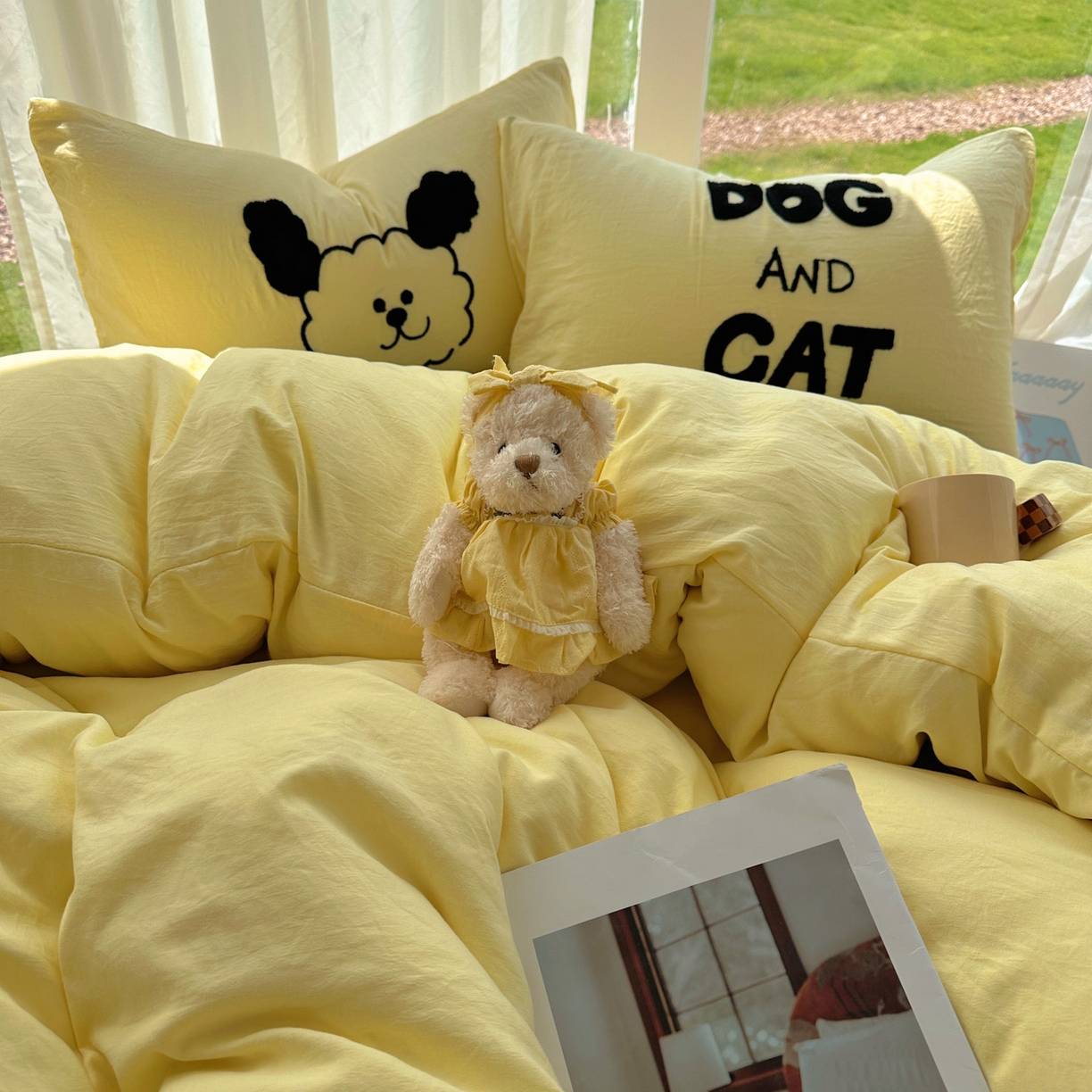 91家纺网 家纺一手货源 找家纺 花伞家居 2025新款毛巾绣水洗棉小红书风四件套（提供买家秀） 猫猫狗狗奶黄