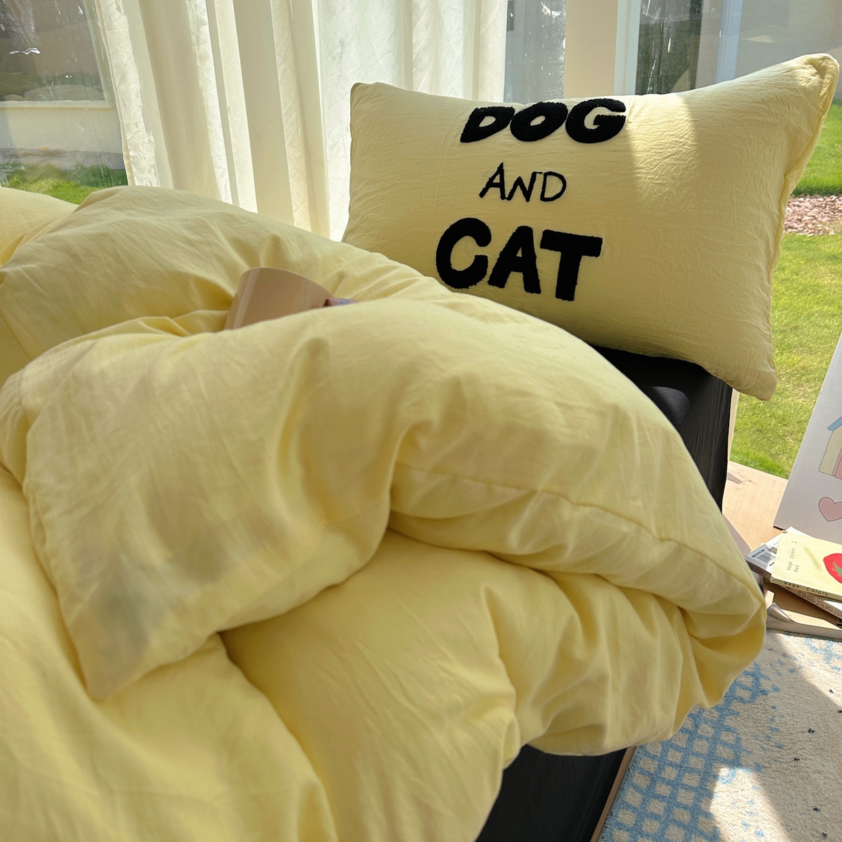 91家纺网 家纺一手货源 找家纺 花伞家居 2025新款毛巾绣水洗棉小红书风四件套（提供买家秀） 猫猫狗狗奶黄