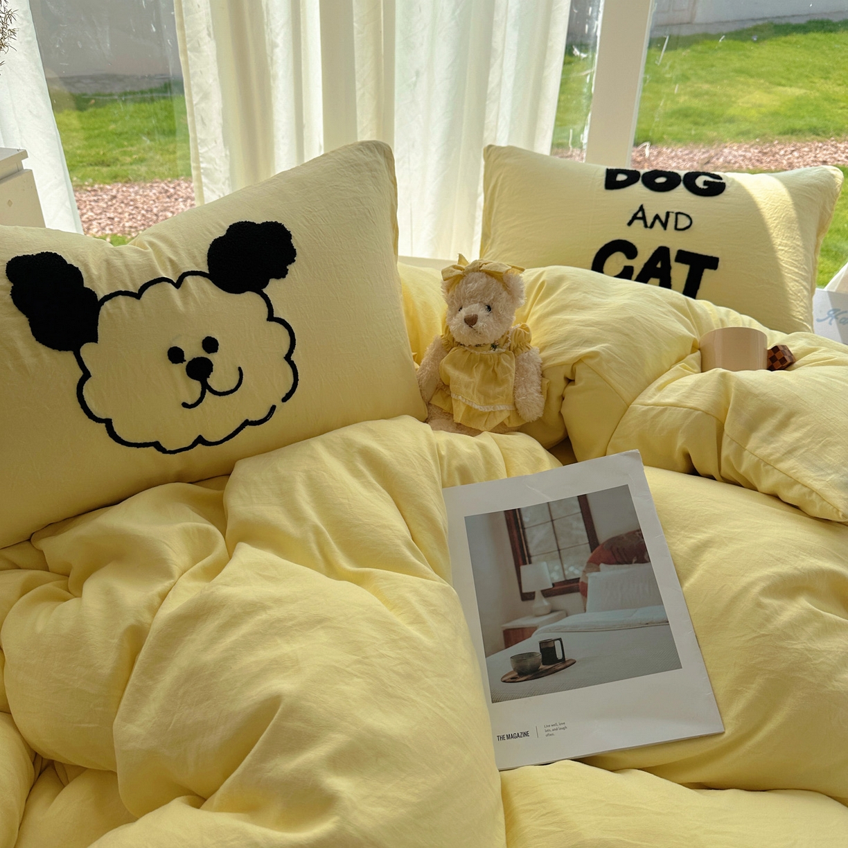 91家纺网 家纺一手货源 找家纺 花伞家居 2025新款毛巾绣水洗棉小红书风四件套（提供买家秀） 猫猫狗狗奶黄