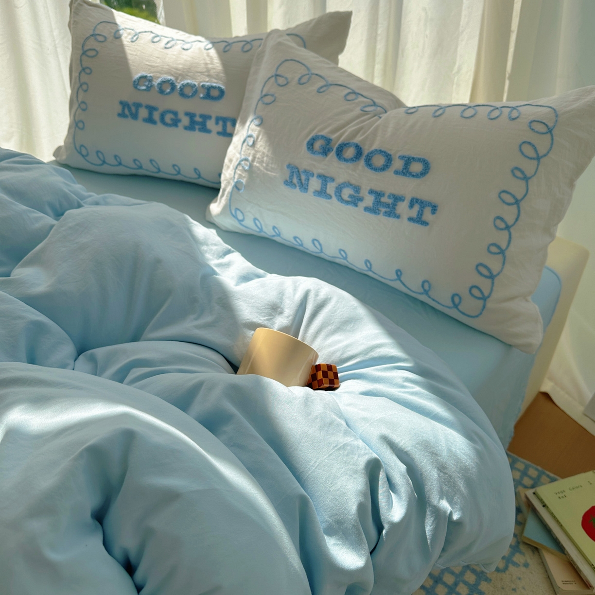 91家纺网 家纺一手货源 找家纺 花伞家居 2025新款毛巾绣水洗棉小红书风四件套（提供买家秀） 晚安蓝