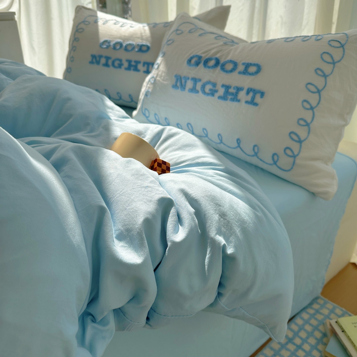 91家纺网 家纺一手货源 找家纺 花伞家居 2025新款毛巾绣水洗棉小红书风四件套（提供买家秀） 晚安蓝