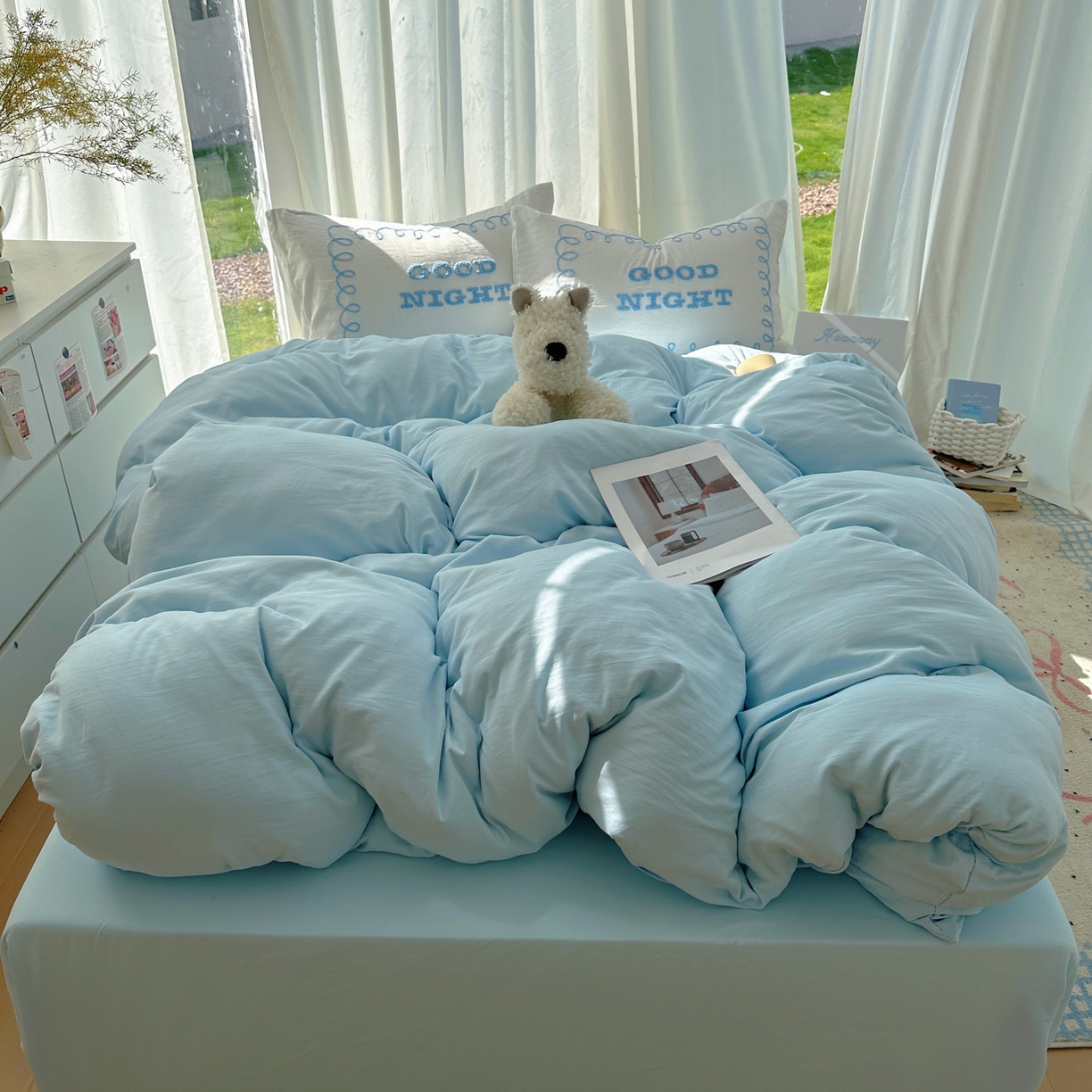 91家纺网 家纺一手货源 找家纺 花伞家居 2025新款毛巾绣水洗棉小红书风四件套（提供买家秀） 晚安蓝