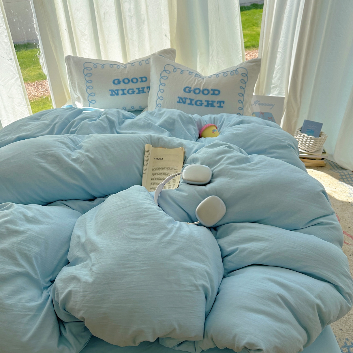 91家纺网 家纺一手货源 找家纺 花伞家居 2025新款毛巾绣水洗棉小红书风四件套（提供买家秀） 晚安蓝