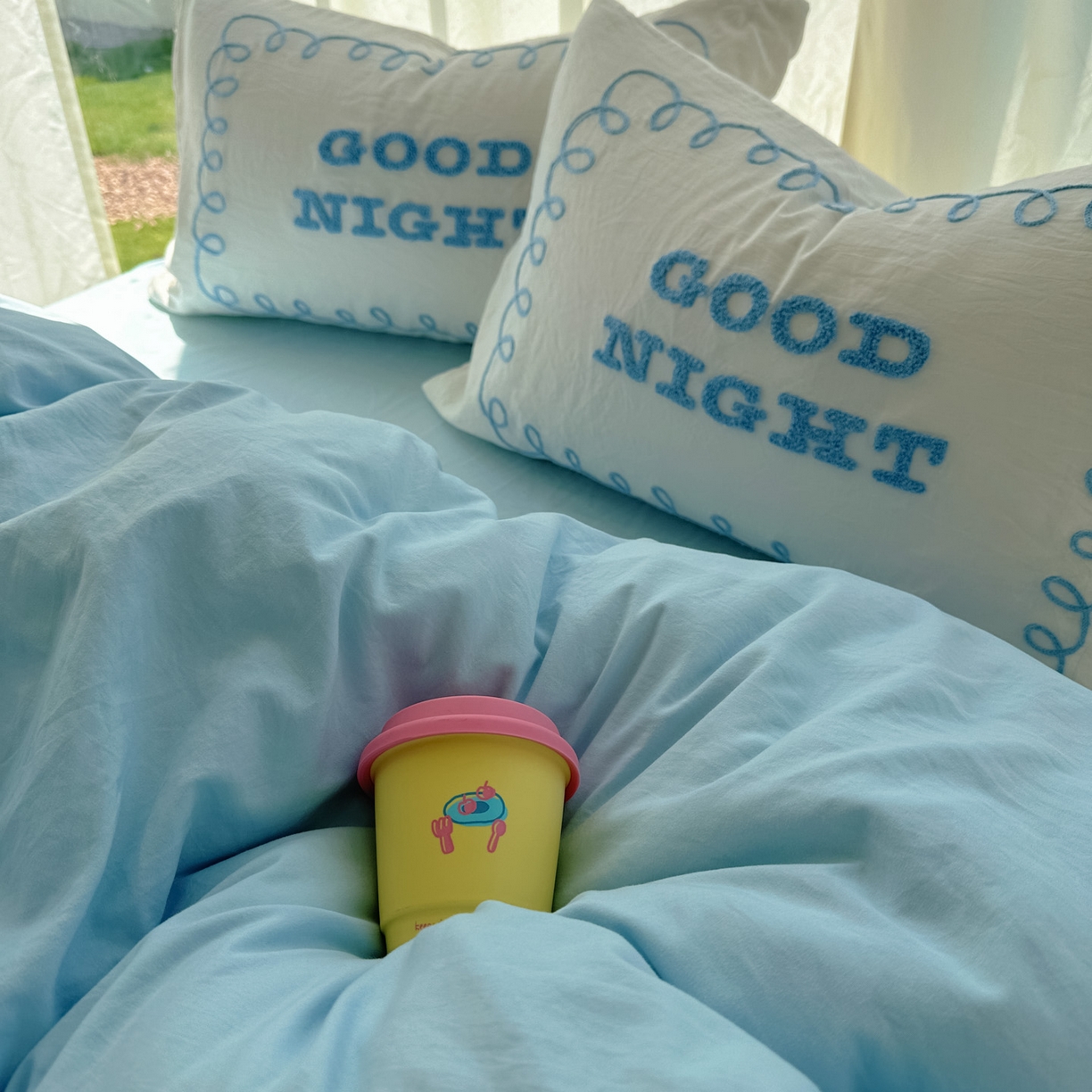 91家纺网 家纺一手货源 找家纺 花伞家居 2025新款毛巾绣水洗棉小红书风四件套（提供买家秀） 晚安蓝