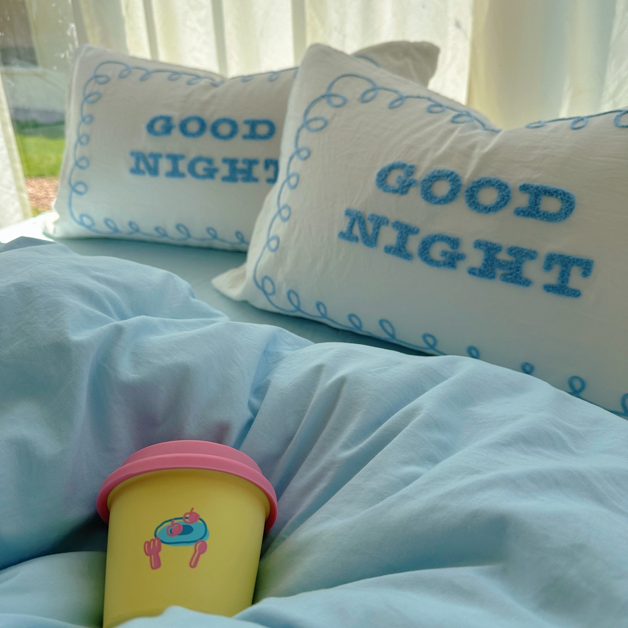 91家纺网 家纺一手货源 找家纺 花伞家居 2025新款毛巾绣水洗棉小红书风四件套（提供买家秀） 晚安蓝