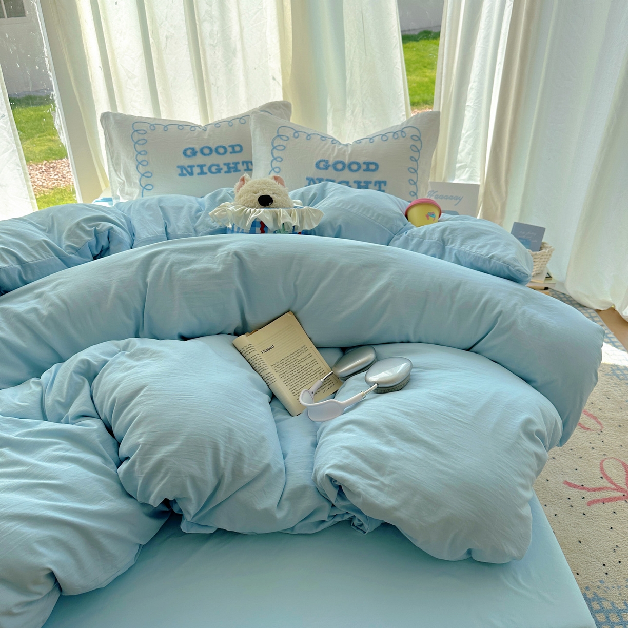 91家纺网 家纺一手货源 找家纺 花伞家居 2025新款毛巾绣水洗棉小红书风四件套（提供买家秀） 晚安蓝