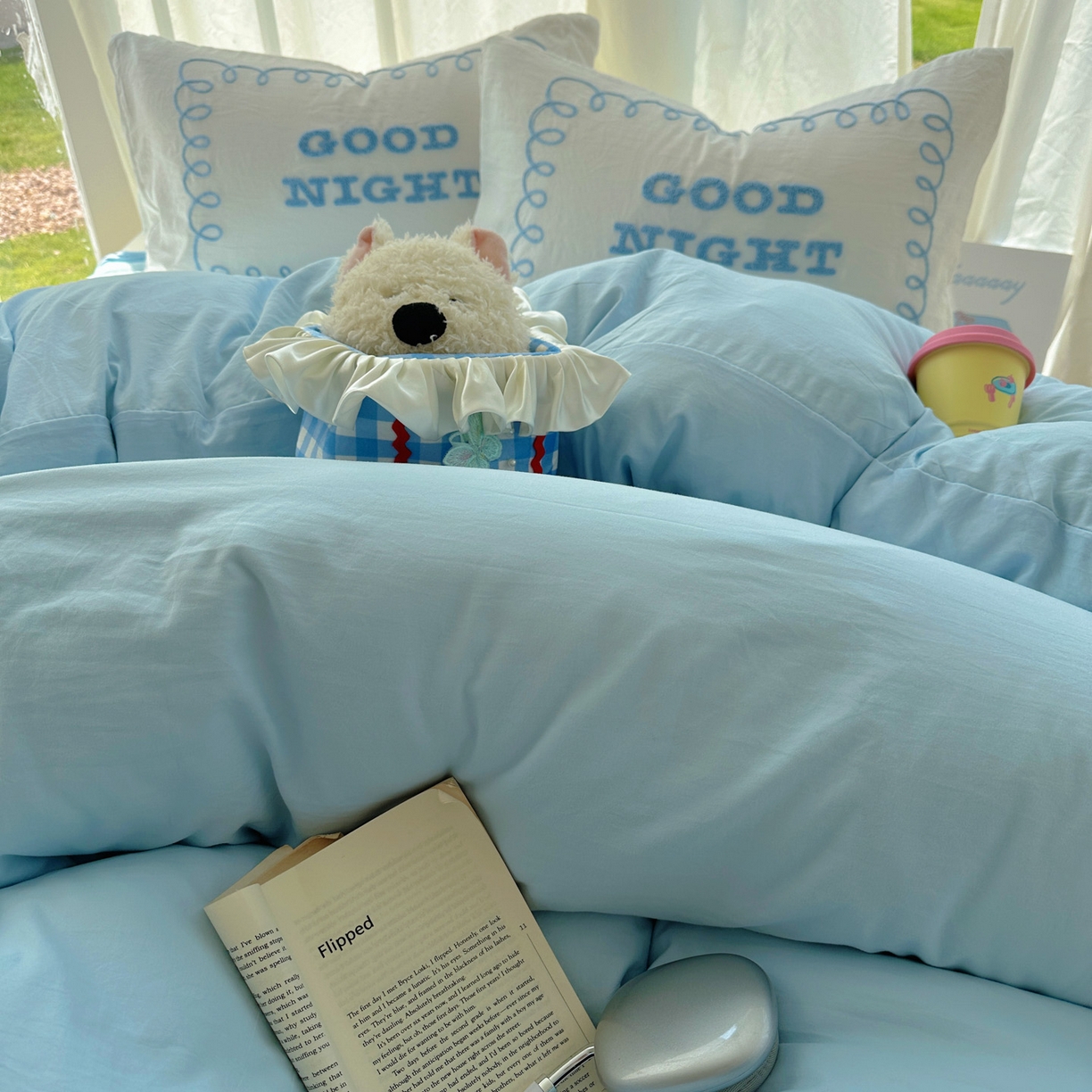 91家纺网 家纺一手货源 找家纺 花伞家居 2025新款毛巾绣水洗棉小红书风四件套（提供买家秀） 晚安蓝