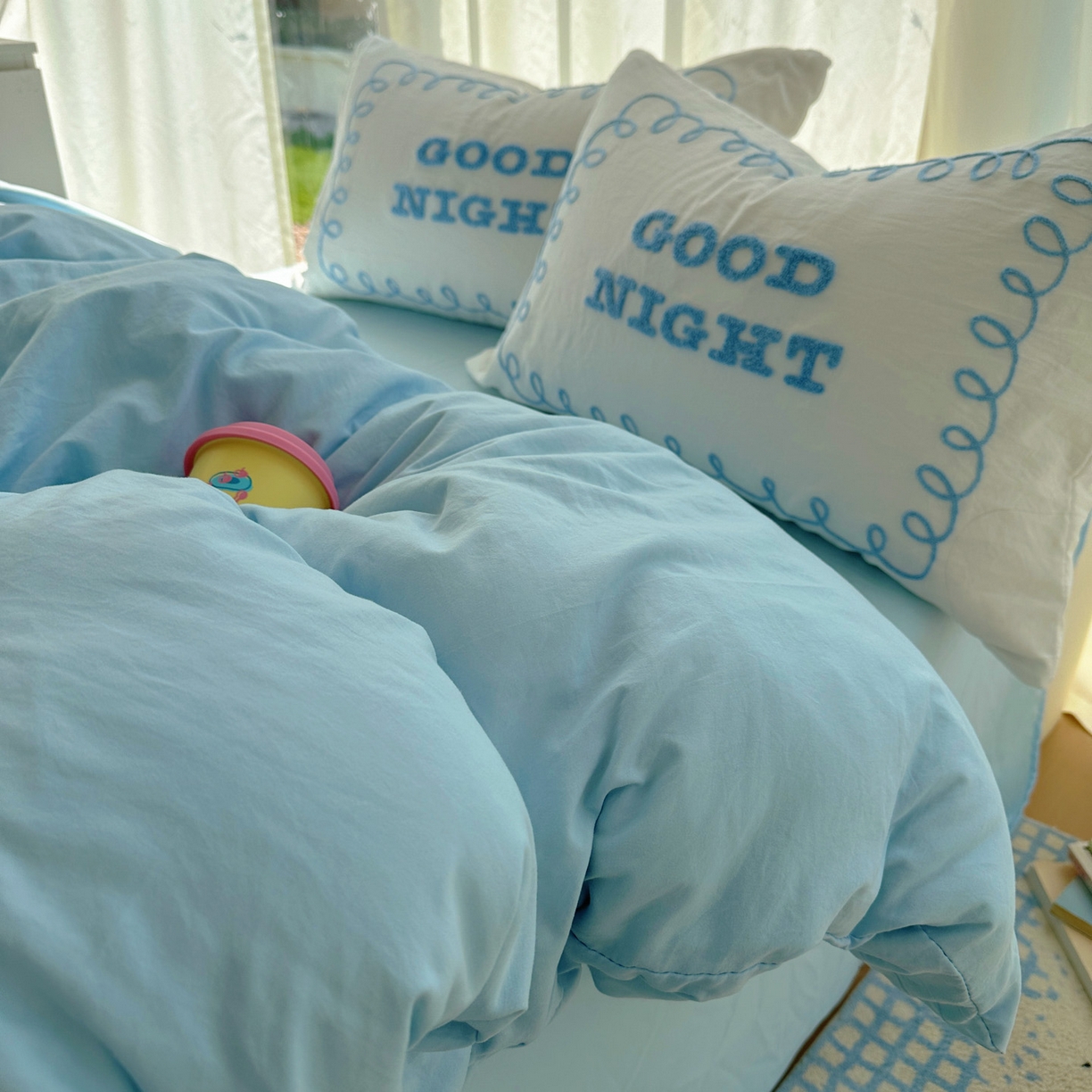 91家纺网 家纺一手货源 找家纺 花伞家居 2025新款毛巾绣水洗棉小红书风四件套（提供买家秀） 晚安蓝