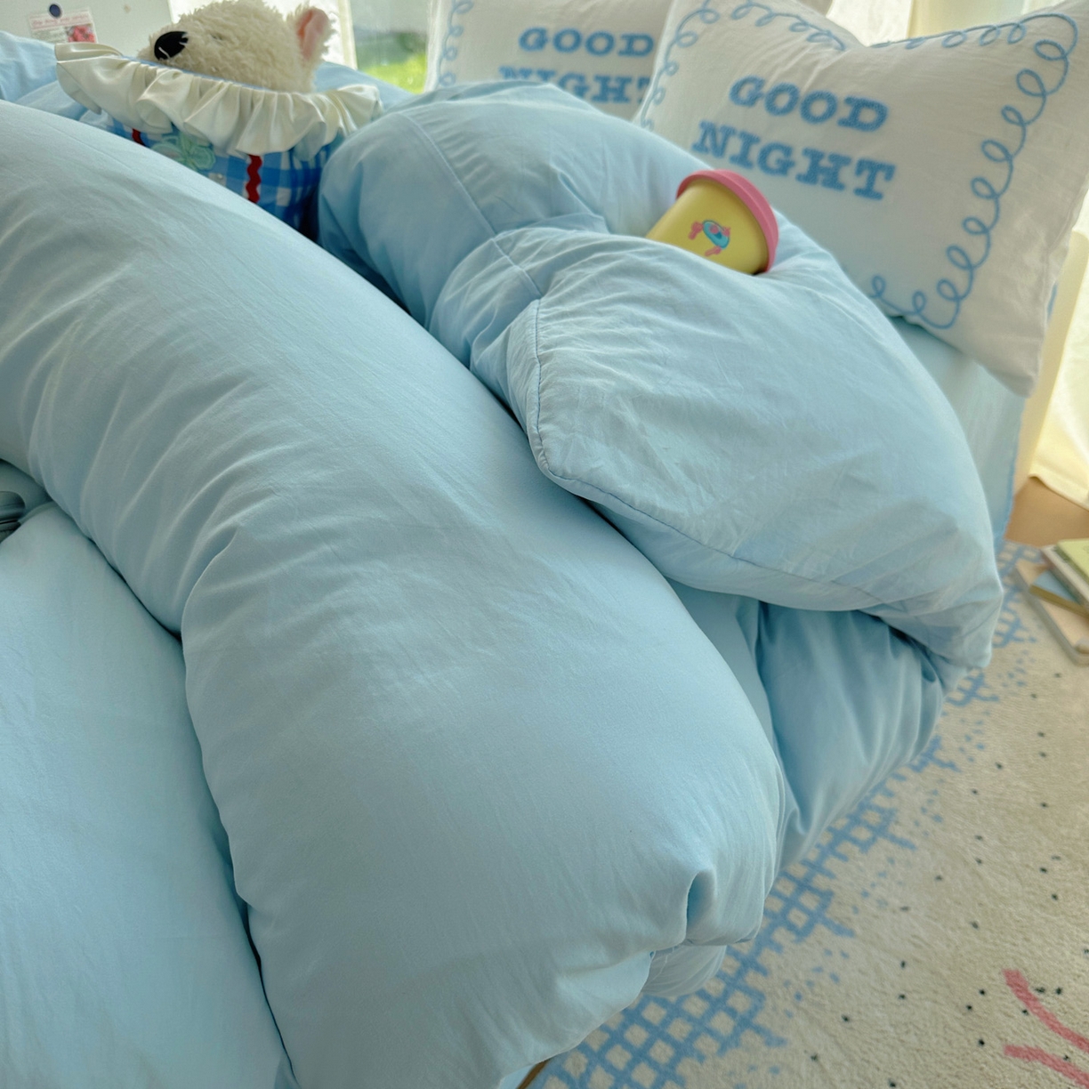 91家纺网 家纺一手货源 找家纺 花伞家居 2025新款毛巾绣水洗棉小红书风四件套（提供买家秀） 晚安蓝