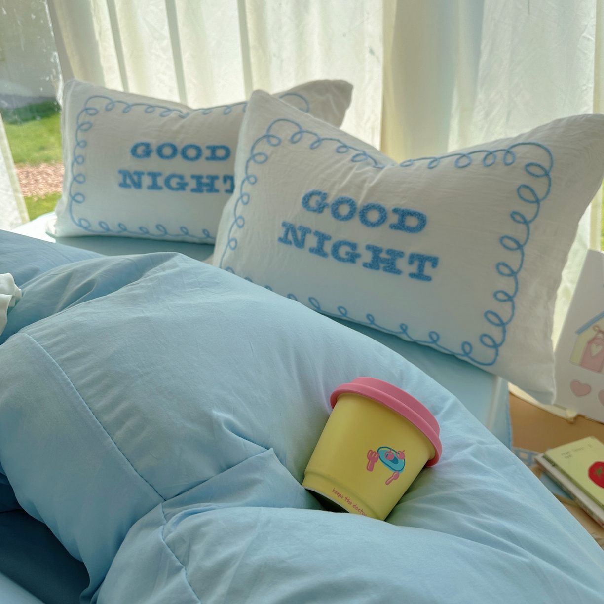 91家纺网 家纺一手货源 找家纺 花伞家居 2025新款毛巾绣水洗棉小红书风四件套（提供买家秀） 晚安蓝