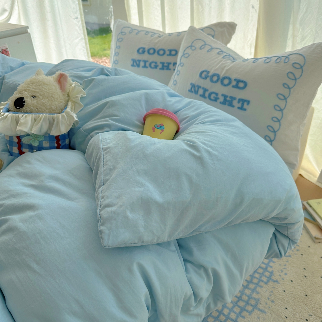 91家纺网 家纺一手货源 找家纺 花伞家居 2025新款毛巾绣水洗棉小红书风四件套（提供买家秀） 晚安蓝