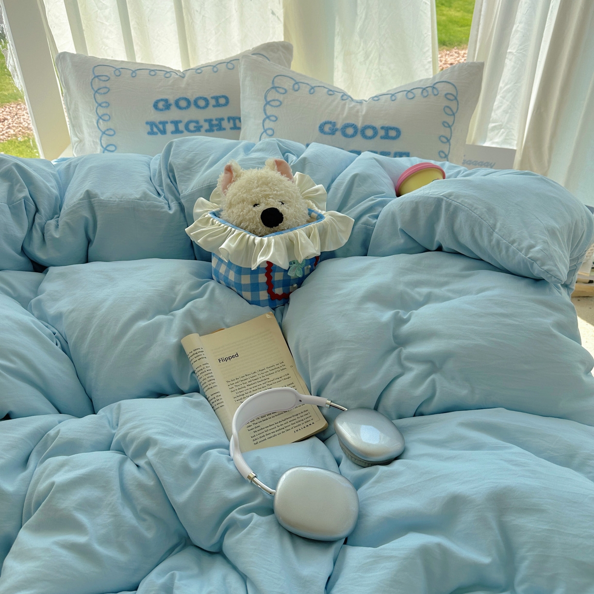 91家纺网 家纺一手货源 找家纺 花伞家居 2025新款毛巾绣水洗棉小红书风四件套（提供买家秀） 晚安蓝