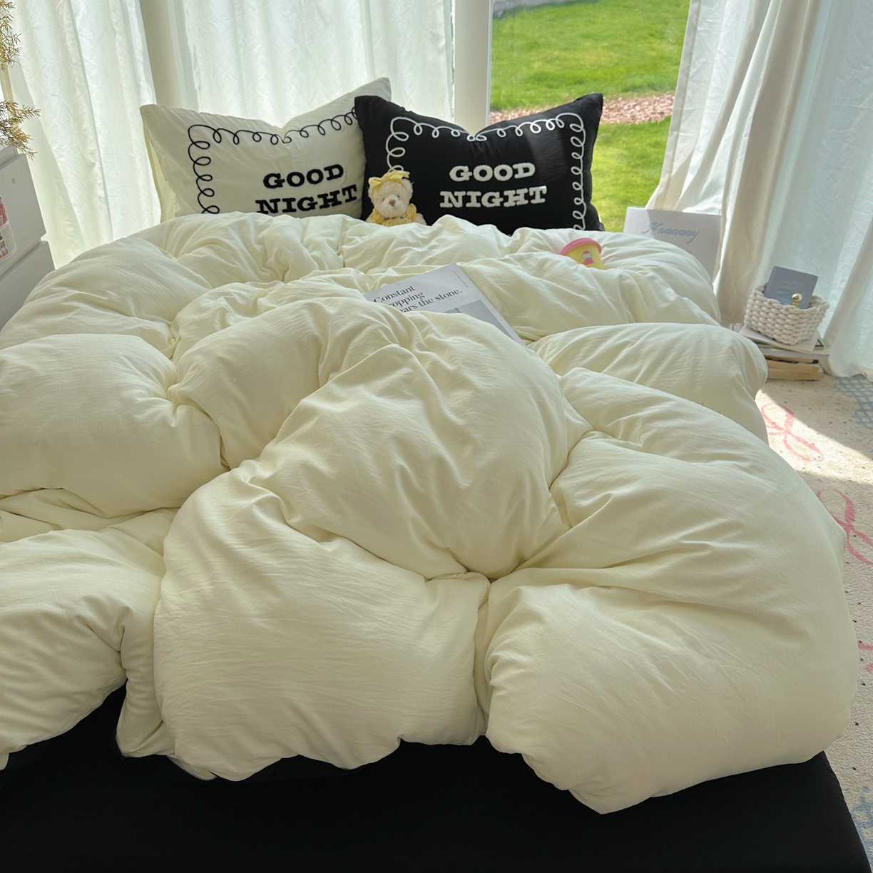 91家纺网 家纺一手货源 找家纺 花伞家居 2025新款毛巾绣水洗棉小红书风四件套（提供买家秀） 晚安米黄