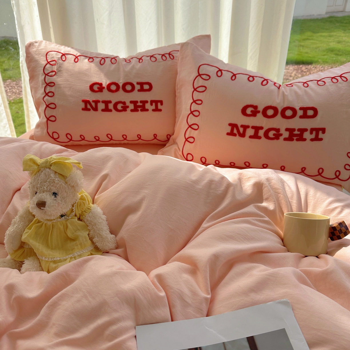 91家纺网 家纺一手货源 找家纺 花伞家居 2025新款毛巾绣水洗棉小红书风四件套（提供买家秀） 晚安玉