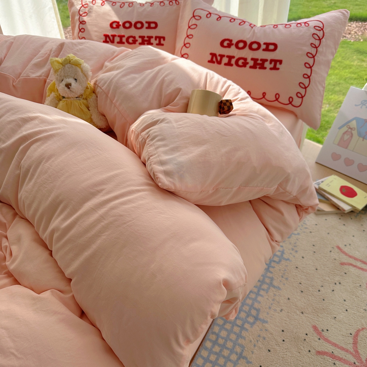 91家纺网 家纺一手货源 找家纺 花伞家居 2025新款毛巾绣水洗棉小红书风四件套（提供买家秀） 晚安玉