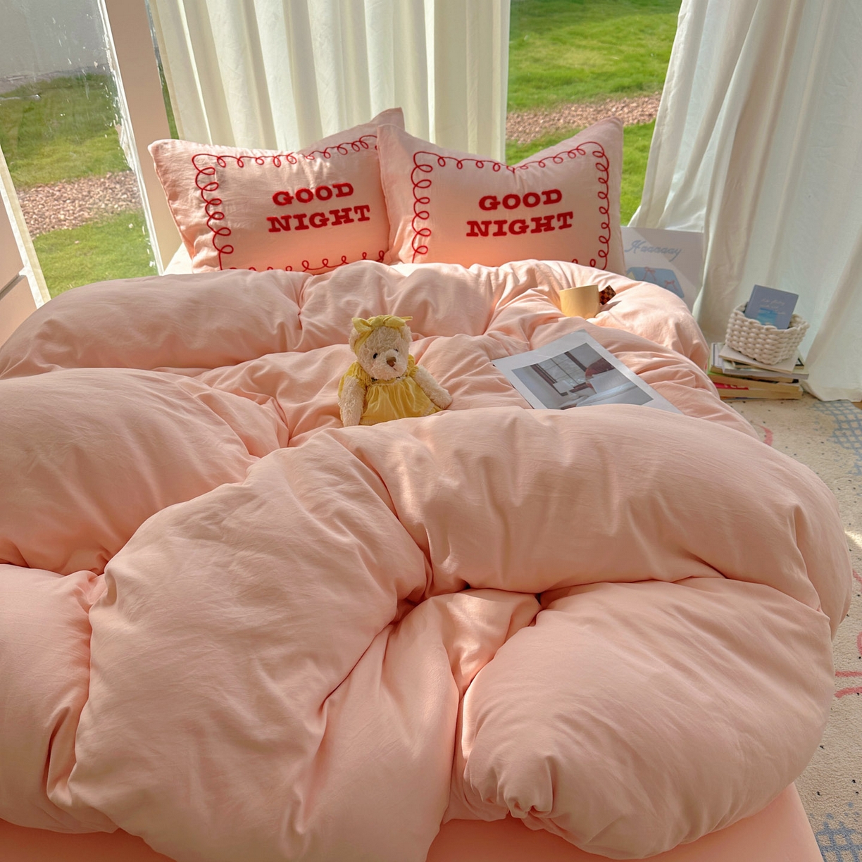 91家纺网 家纺一手货源 找家纺 花伞家居 2025新款毛巾绣水洗棉小红书风四件套（提供买家秀） 晚安玉