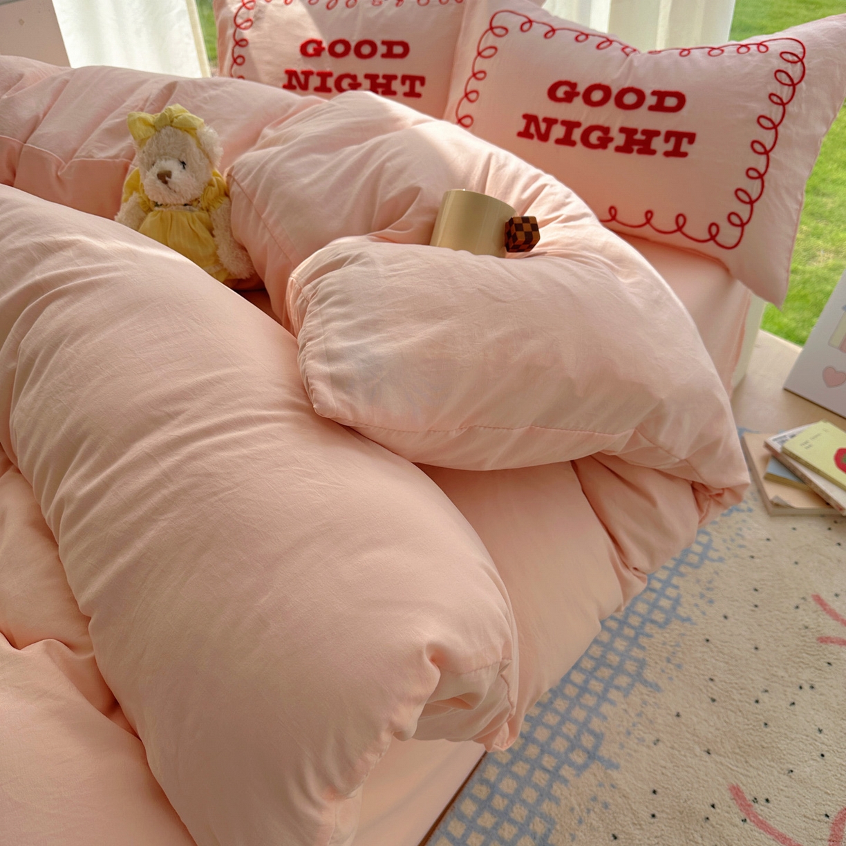 91家纺网 家纺一手货源 找家纺 花伞家居 2025新款毛巾绣水洗棉小红书风四件套（提供买家秀） 晚安玉