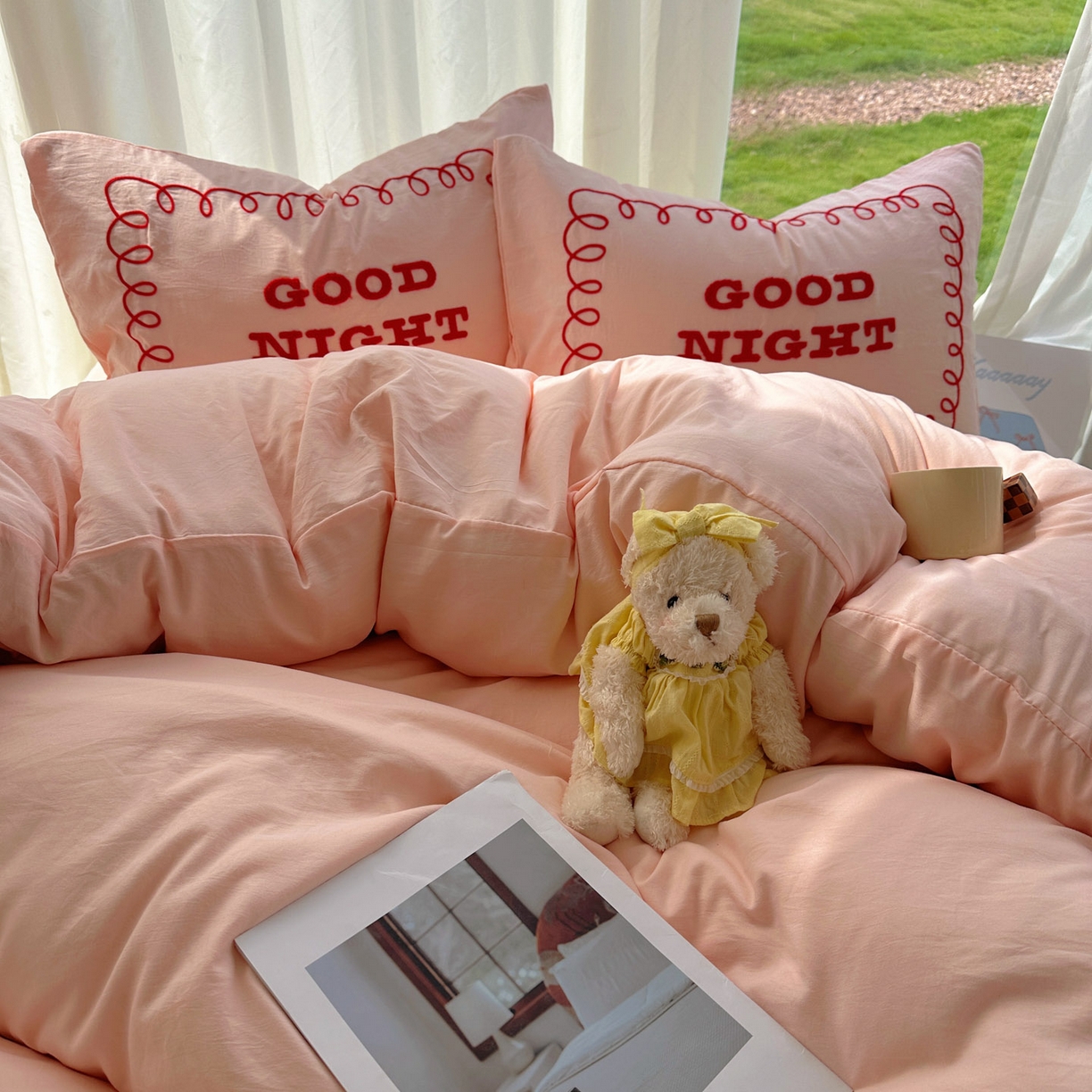 91家纺网 家纺一手货源 找家纺 花伞家居 2025新款毛巾绣水洗棉小红书风四件套（提供买家秀） 晚安玉