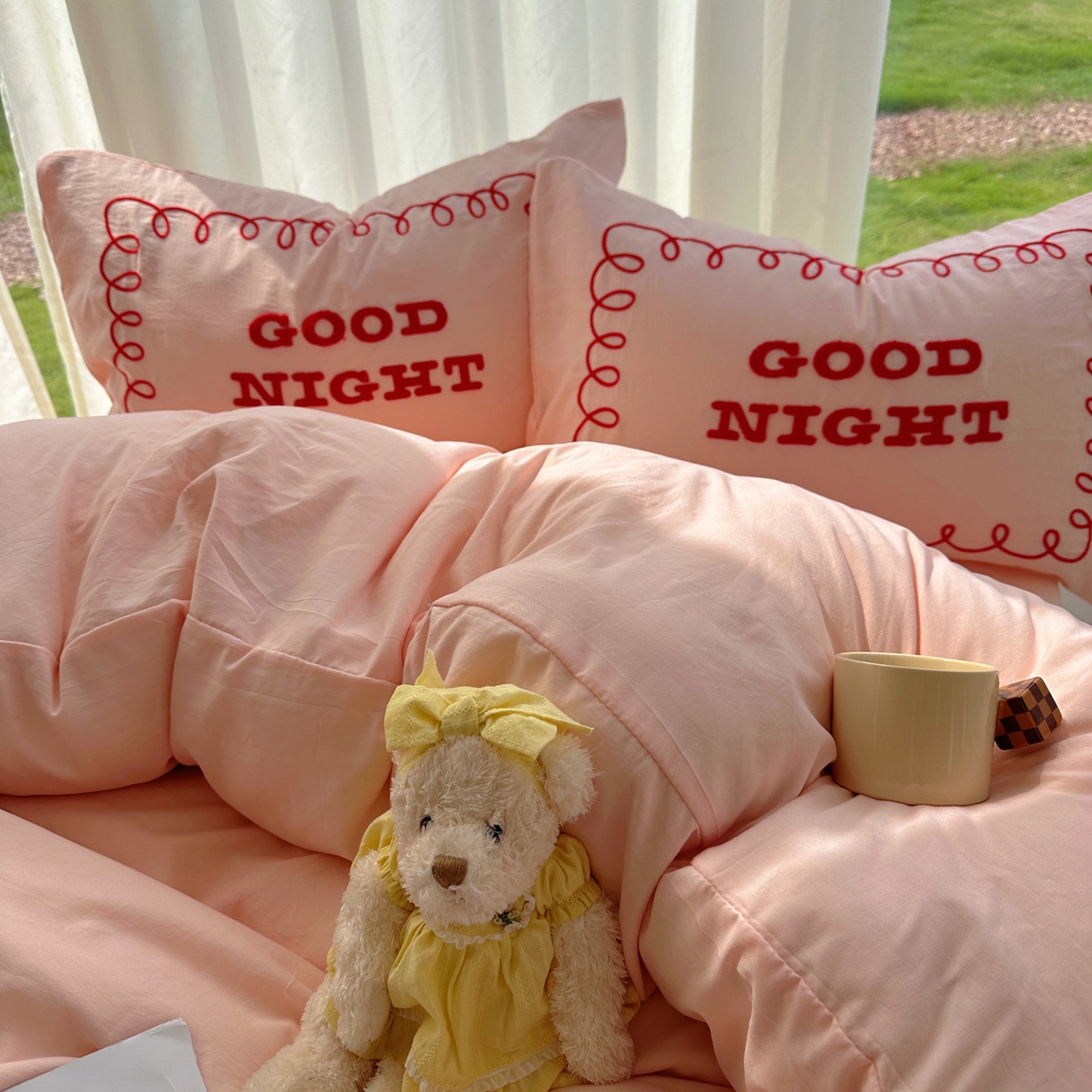 91家纺网 家纺一手货源 找家纺 花伞家居 2025新款毛巾绣水洗棉小红书风四件套（提供买家秀） 晚安玉