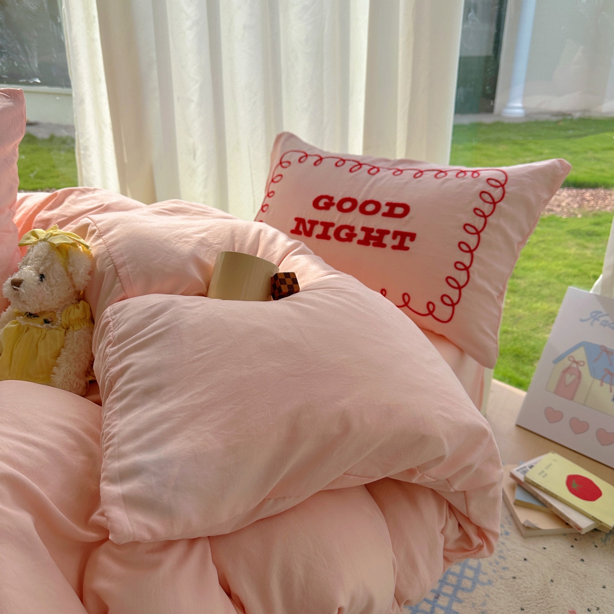 91家纺网 家纺一手货源 找家纺 花伞家居 2025新款毛巾绣水洗棉小红书风四件套（提供买家秀） 晚安玉