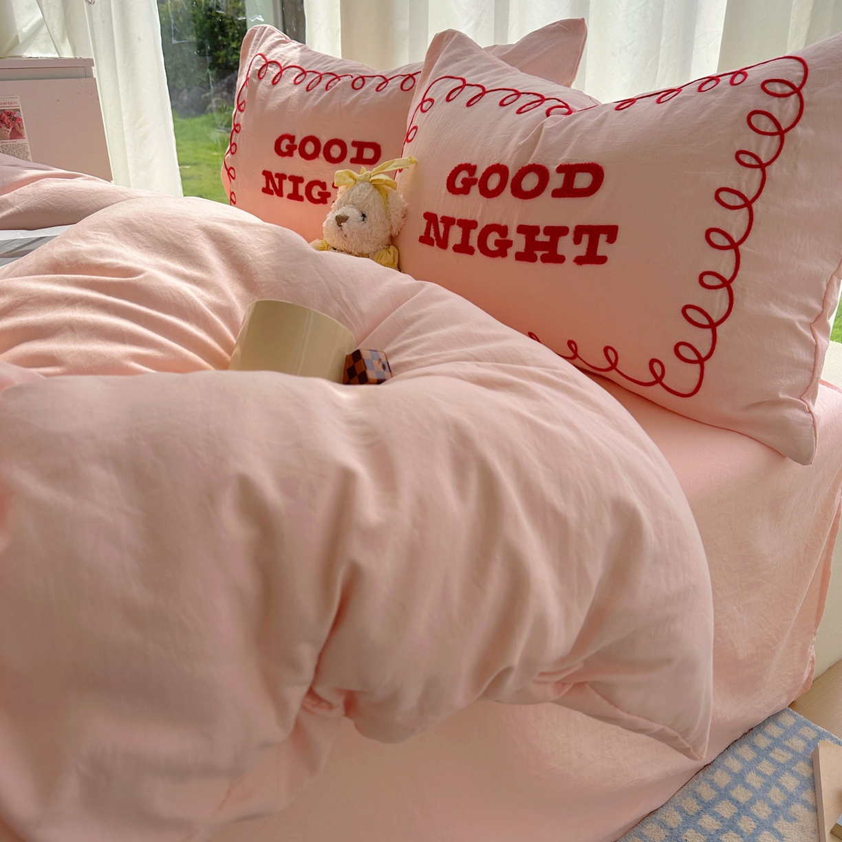 91家纺网 家纺一手货源 找家纺 花伞家居 2025新款毛巾绣水洗棉小红书风四件套（提供买家秀） 晚安玉