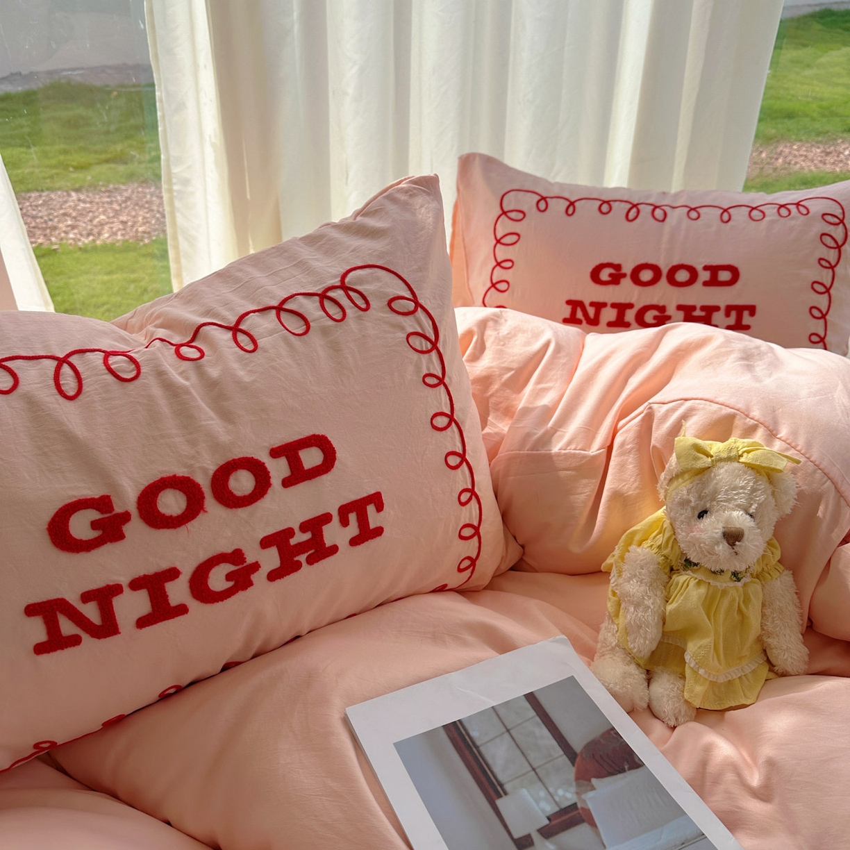 91家纺网 家纺一手货源 找家纺 花伞家居 2025新款毛巾绣水洗棉小红书风四件套（提供买家秀） 晚安玉