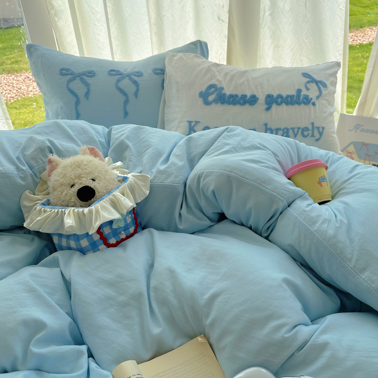 91家纺网 家纺一手货源 找家纺 花伞家居 2025新款毛巾绣水洗棉小红书风四件套（提供买家秀） 勇敢蓝