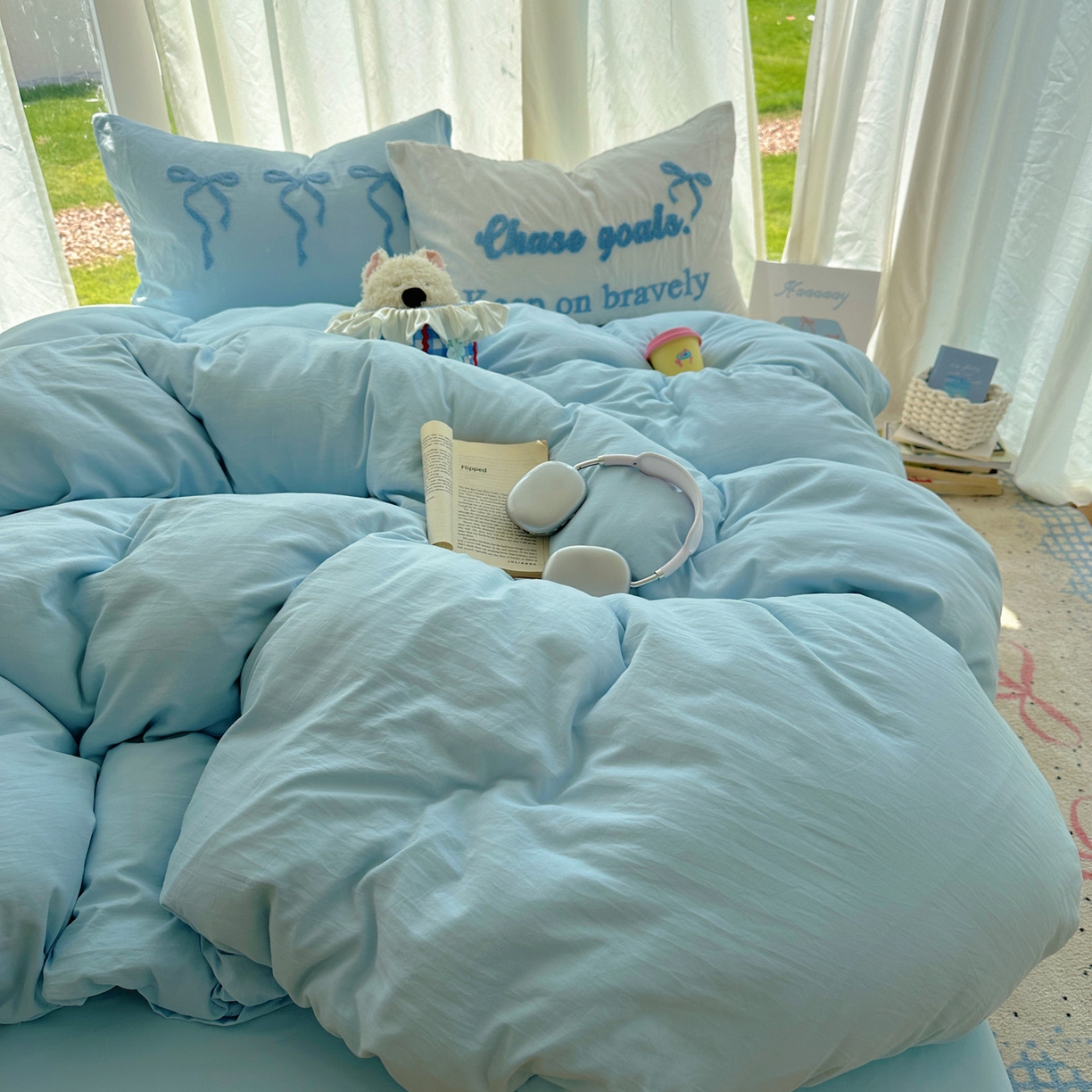 91家纺网 家纺一手货源 找家纺 花伞家居 2025新款毛巾绣水洗棉小红书风四件套（提供买家秀） 勇敢蓝