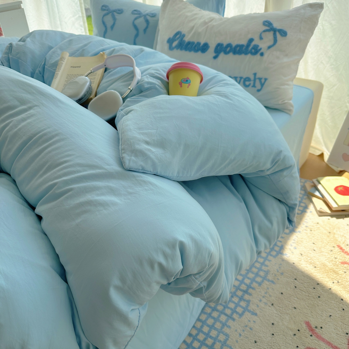 91家纺网 家纺一手货源 找家纺 花伞家居 2025新款毛巾绣水洗棉小红书风四件套（提供买家秀） 勇敢蓝