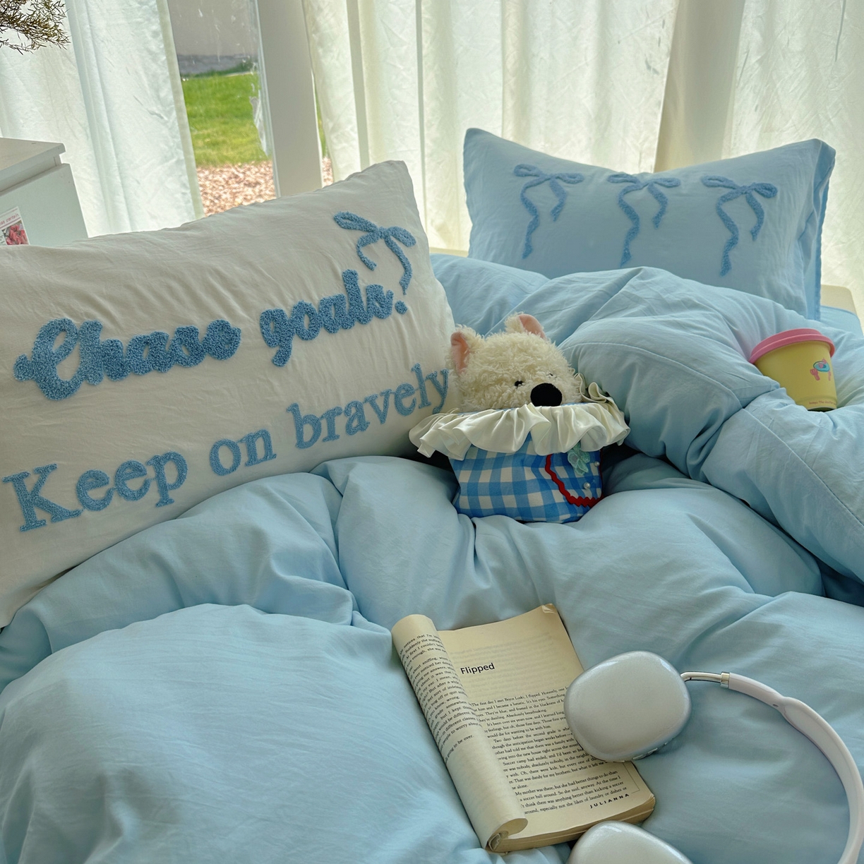 91家纺网 家纺一手货源 找家纺 花伞家居 2025新款毛巾绣水洗棉小红书风四件套（提供买家秀） 勇敢蓝