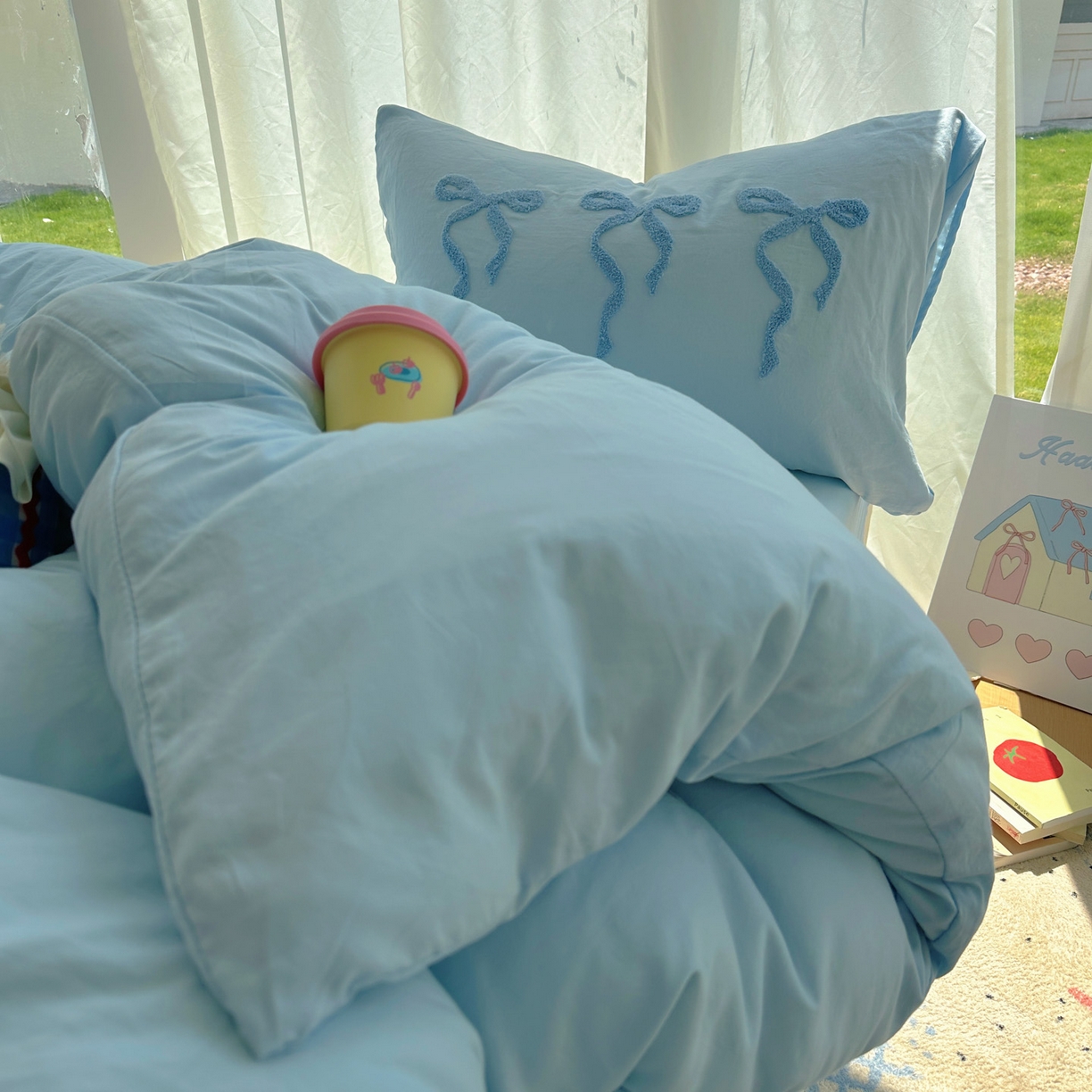 91家纺网 家纺一手货源 找家纺 花伞家居 2025新款毛巾绣水洗棉小红书风四件套（提供买家秀） 勇敢蓝