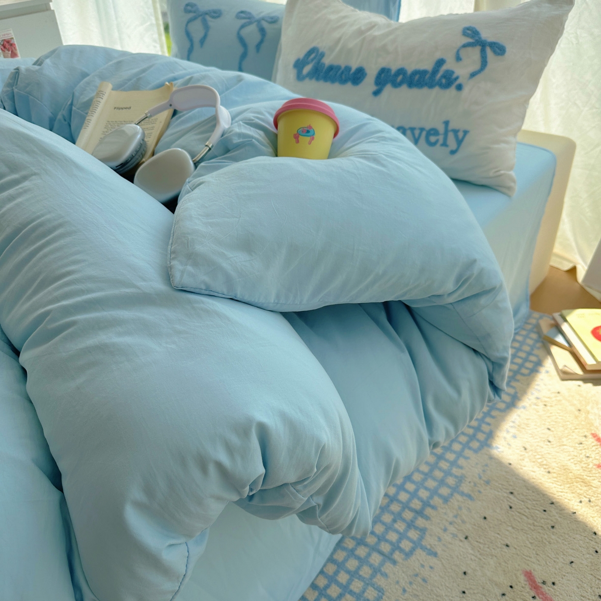 91家纺网 家纺一手货源 找家纺 花伞家居 2025新款毛巾绣水洗棉小红书风四件套（提供买家秀） 勇敢蓝