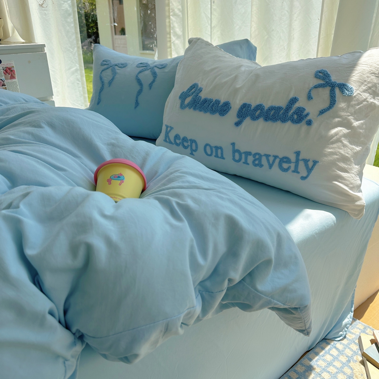 91家纺网 家纺一手货源 找家纺 花伞家居 2025新款毛巾绣水洗棉小红书风四件套（提供买家秀） 勇敢蓝