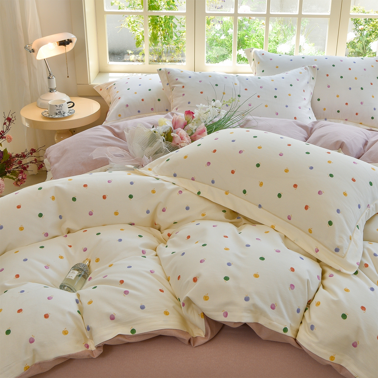 91家纺网 家纺一手货源 找家纺 董成龙家纺 2025新款全棉磨毛数码印花四件套 甜心乐园-米